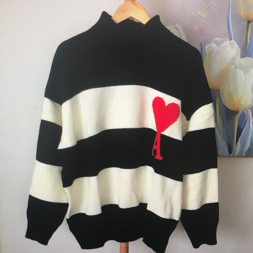Ami Black and White Striped Sweater with Red Heart Accent
